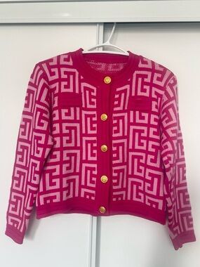 Balmain x Barbie Women's Cropped Monogram Cardigan Jacquard Wool Blend